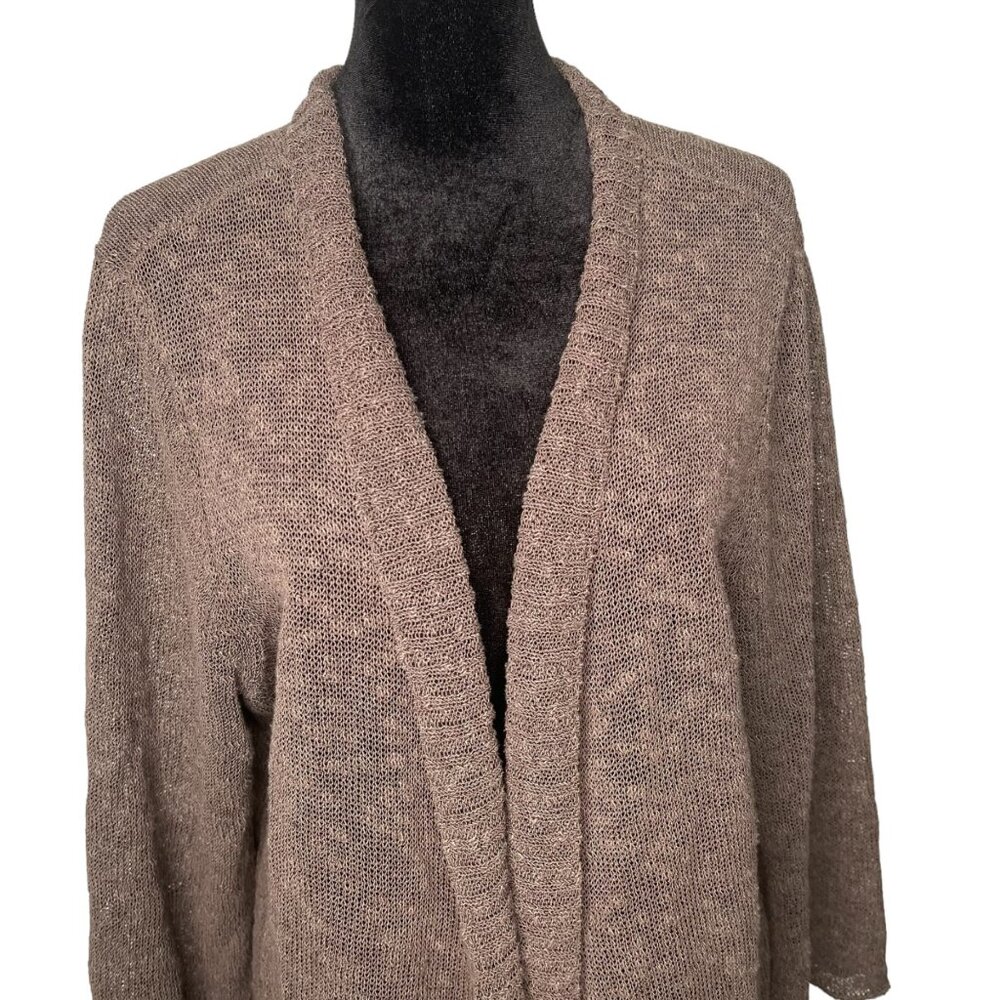 Eileen Fisher Size XL Linen Blend Textured Knit Brown Open Front Drape Cardigan - Picture 4 of 9